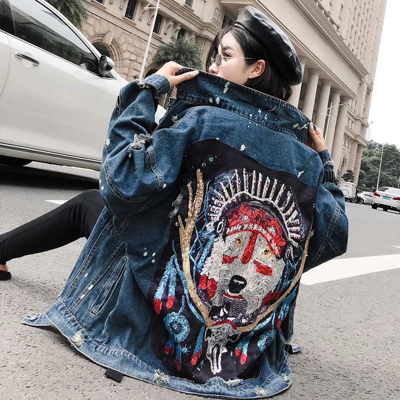 Manteaux Femmes Style Printemps Sequin De Mode Patch Veste Arrivée Déchiré Longues Nouvelle Trou 2019 Denim Rue Manches Blue Base Jean À Bf 7Sxw4wq