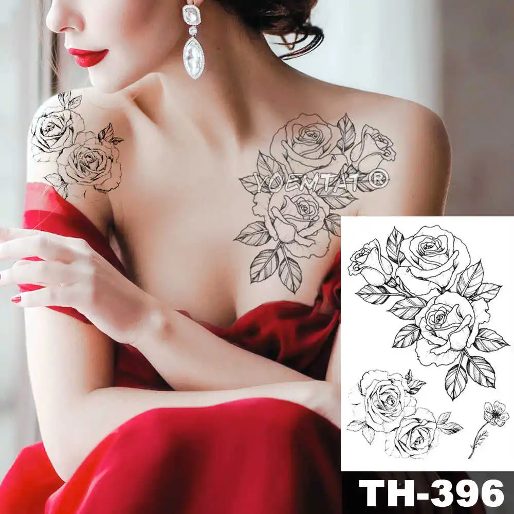 Leaf Rose Peony Lace Flower Waterproof Temporary Tattoo Sticker Black Big Tatto Body Art Shoulder Fake Tatoo For Women - Цвет: 01-TH396