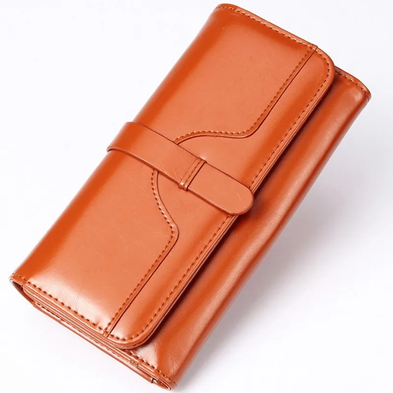 2018 Vintage 100% Oil Wax Leather Wallet Women Brand High Quality Long