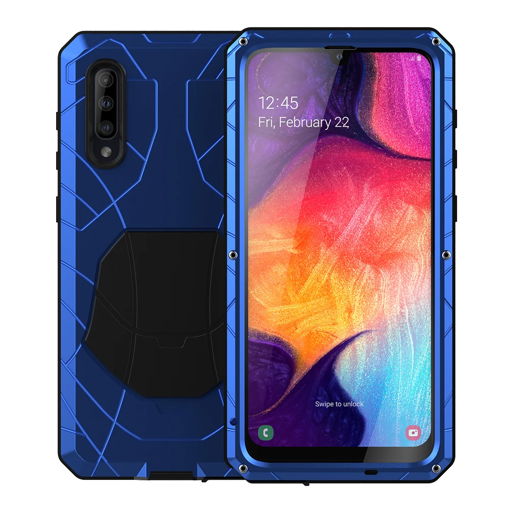 Online Para Samsung Galaxy A50 funda de teléfono de Metal de aluminio duro Protector de pantalla de vidrio templado cubierta de silicona de protección de alta resistencia