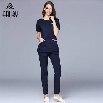 

2018 High Quality Women Nurse Doctor Medical Scrub Clothes Summer Short Sleeve Open Shoulder Round Neck Hospital Uniforms XS-2XL