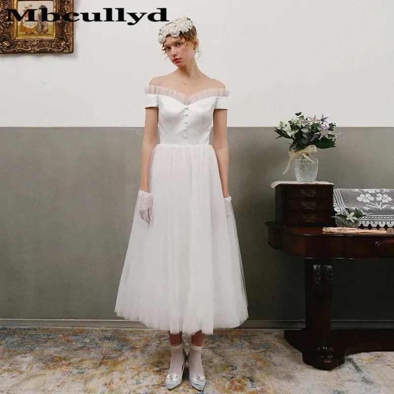 Mbcully Vintage 1950s Tea Length Wedding Dresses 2019 With Ruffled