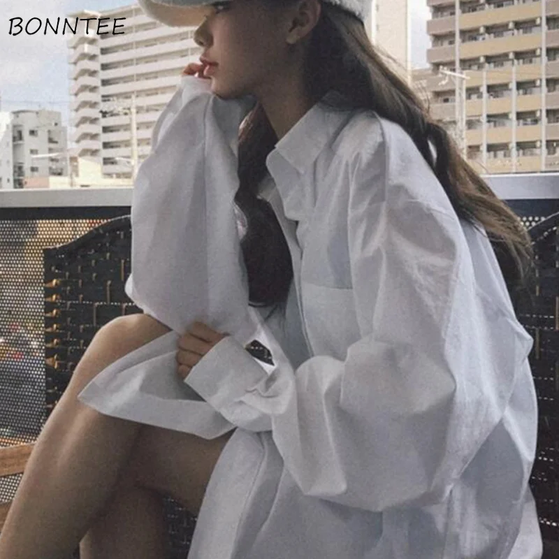 

Shirts Women BF Loose Basic Classic White Top Temperament Solid Leisure Turn-down Collar Womens Shirt Korean Style School Chic