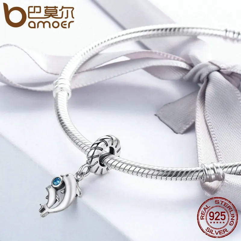 BAMOER Authentic 100% 925 Sterling Silver Dolphins Story with Clear CZ Charms fit Bracelet & Necklaces Women Jewelry SCC264