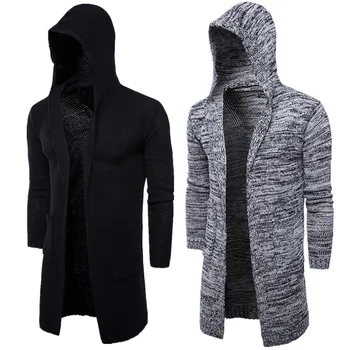 

Spring Long Knit Cardigan Hooded Coat For Men Open Front Sweater Knitted Male Jacket Trench Long Sleeves Large Size Spring 2019
