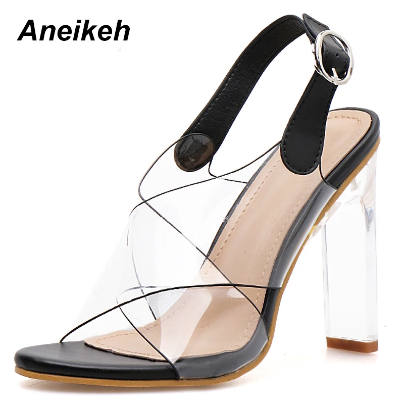 

Aneikeh 2019 New Summer Ladies Sandals Fashion Sexy Transparent Open Toe Word Buckle Crystal Square With High Heel Black Sandals