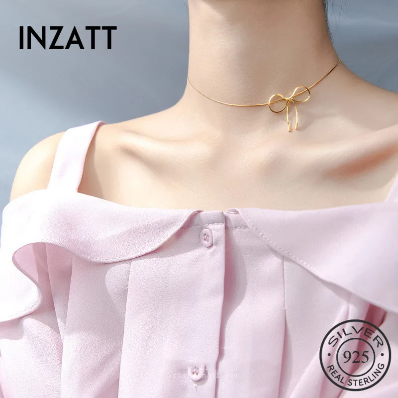 

INZATT Real 925 Sterling Silver Snake Chain Romantic Bowknot Choker Necklaces Elegant Fine Jewelry Gold Color For Women Party