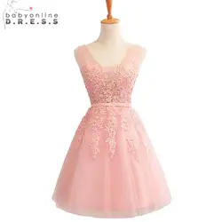 Babyonline Обнаженная розовый v-образным вырезом Homecoming платья 2019 с кружевной аппликацией и коротким рукавом Вечерние платья со шнуровкой милые