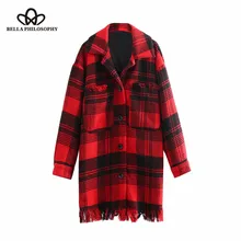 Bella philosophy Осенняя винтажная клетчатая твидовая верхняя одежда с бахромой, пальто с воротником с лацканами и длинными рукавами, Повседневная Верхняя одежда с кисточками, Casaco Femme