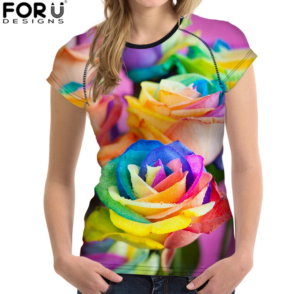 

FORUDESIGNS Rose Floral Women T-shirt Short Sleeve Summer Clothing Womens Wonder tshirt Sexy Rose Slim-fit Fitness Female Tops