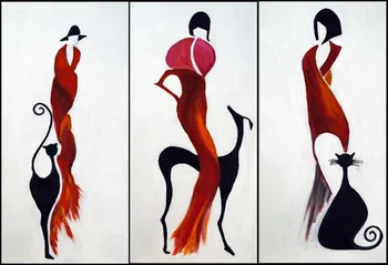 

3 pieces modern handmade painting cat, dog and girl on oil canvas for home decor and wallpaper
