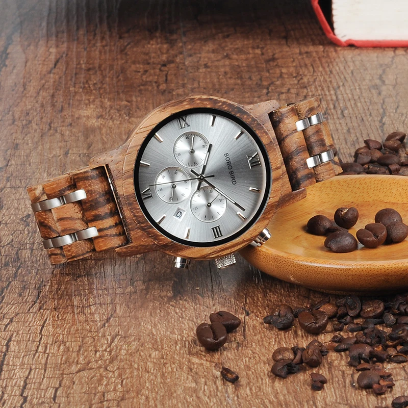 BOBO BIRD Wood Watches Men Business Luxury Stop Watch Color Optional with Wood Stainless Steel Band V-P19