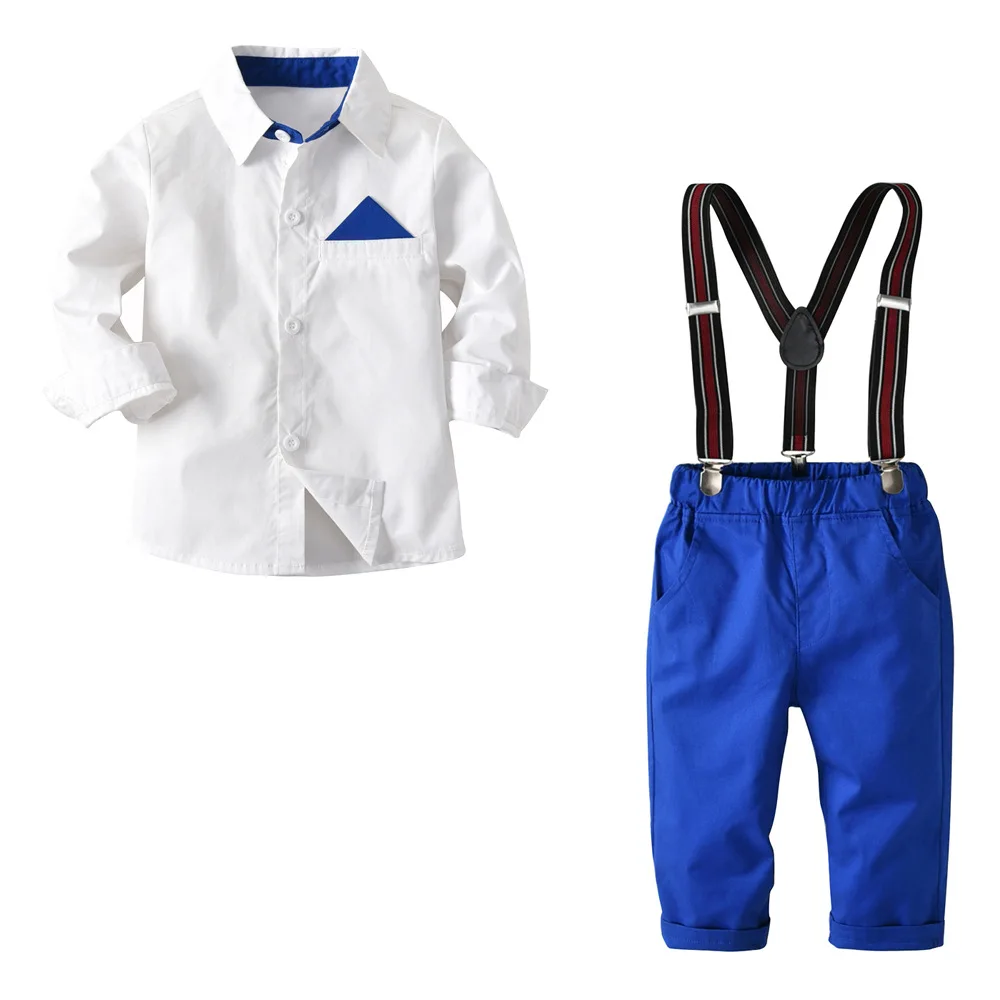 Одежда для маленьких мальчиков комплект одежды для мальчиков, рубашка+ штаны рубашка с длинными рукавами два джентльмена костюм с галстуком-бабочкой детская одежда Вечерние платья - Цвет: White blue