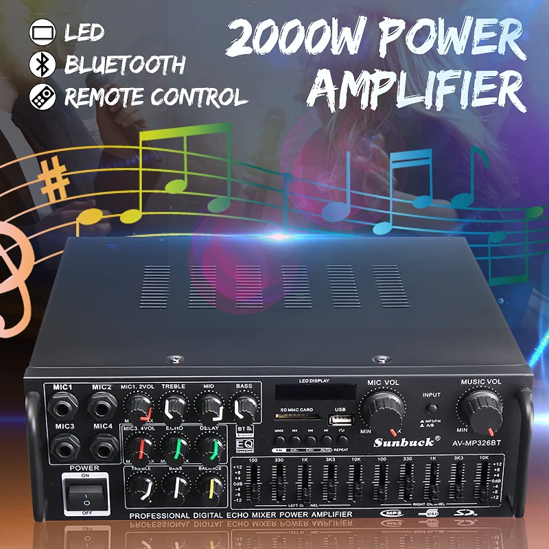 

bluetooth 2.0 Channel 2000W Audio Power HiFi Amplifier 326BT 12V/220V AV Amp Speaker with Remote Control for Car Home
