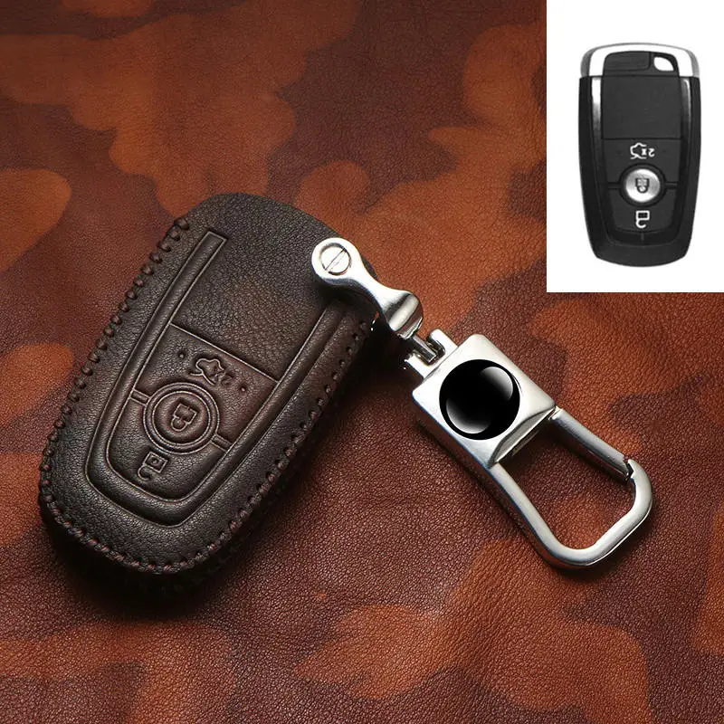 

Leather Car Key Case Cover For Ford 2018 EcoSport Keyless Remote 2 3 Button key Protector shell accessories Car styling