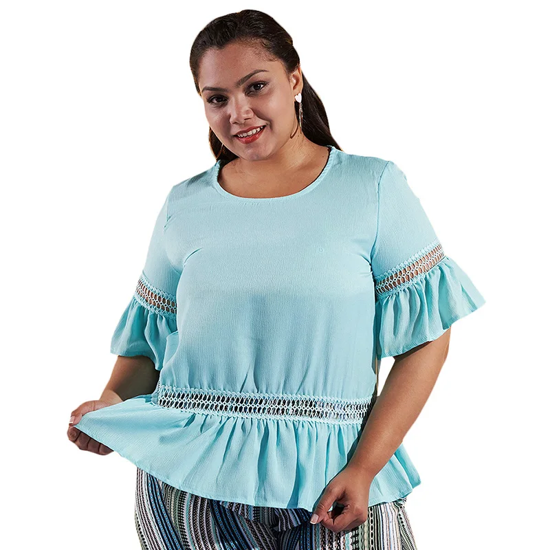 Сексуальный Плюс Размеры Для женщин оборками блузка рубашка сплошной Цвет выдалбливают рубашки для Для женщин с круглым вырезом с