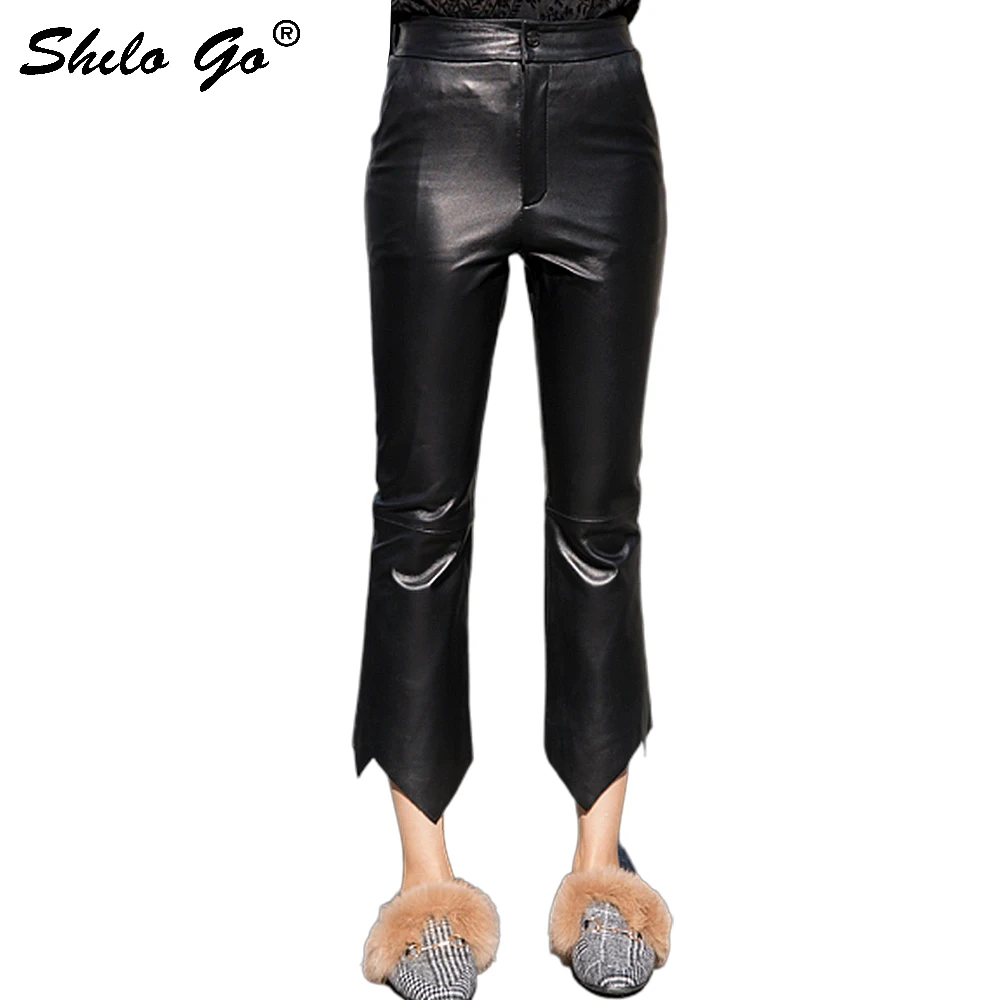 Streetwear Lederen Broek Womens Elegante Enkele Knop Hoge Taille Schapenvacht Lederen Flare Broek Asymmetrie Vrouwelijke Capri Streetwear Lederen Broek Womens Elegante Enkele Knop Hoge Taille Schapenvacht Lederen Flare Broek Asymmetrie Vrouwelijke Capri