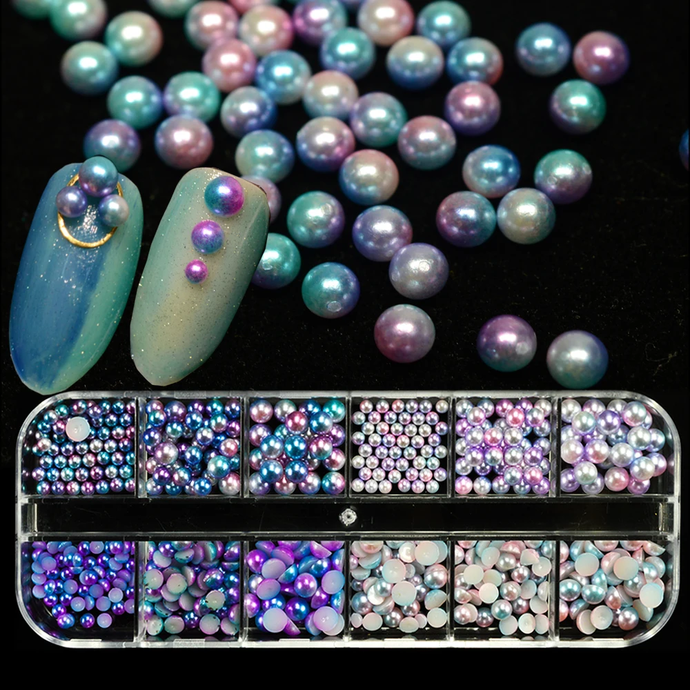 

1 Case Pearl Mermaid Beads Mixed Size Flat Back Magic Gradient Symphony Nail Art Decor 3D Manicure Charm Jewelry Crystal JI497