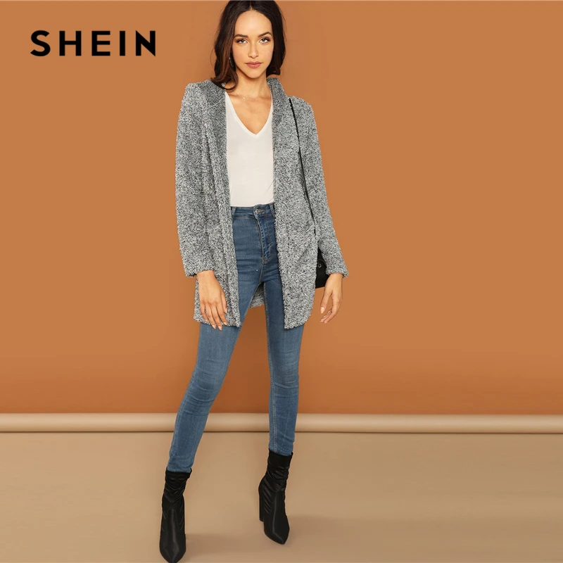 Kopen SHEIN Grey Casual Solid Hooded Pocket Patched Marled Teddy Jas Herfst Campus Uitgaan Vrouwen Jas En Bovenkleding
