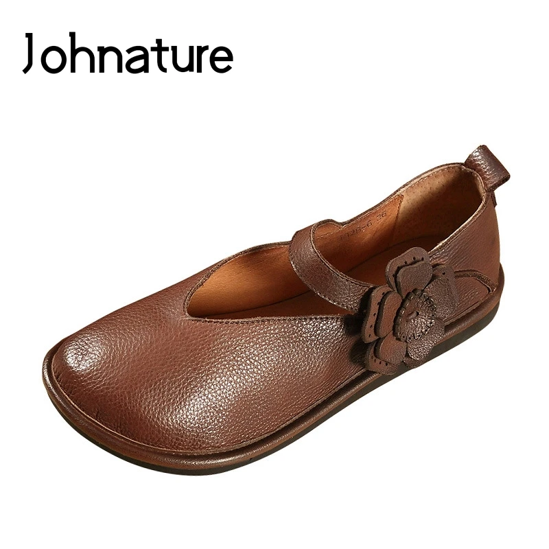 

Johnature Genuine Leather Flats Ladies Shoes Casual Solid Color Hook & Loop Round Toe 2019 New Autumn Shallow Women Shoes