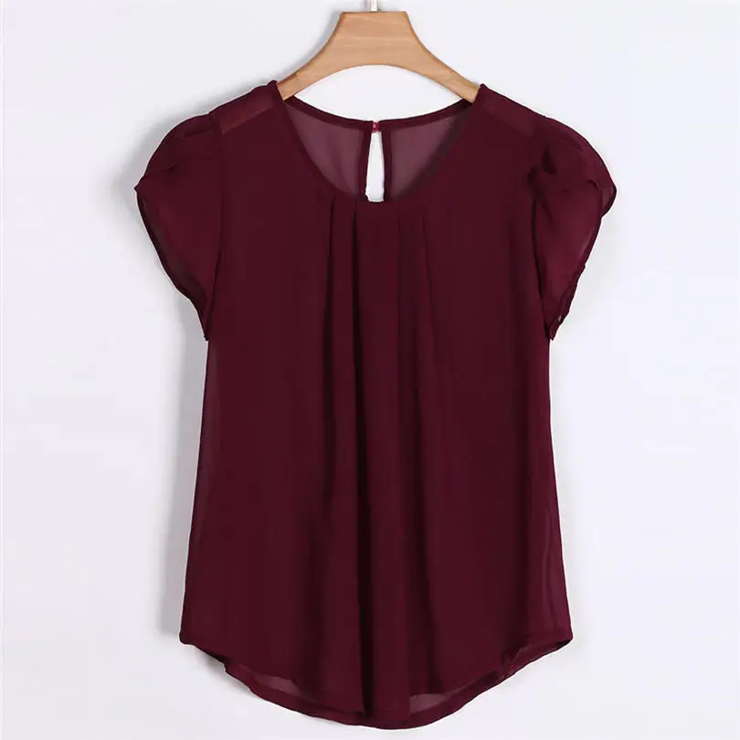  Fashion Women Summer Chiffon Solid Pure Basic Soft Short Sleeve Office Lady Button Casual Daily Blouses Elegant Tops #4F11  (4)