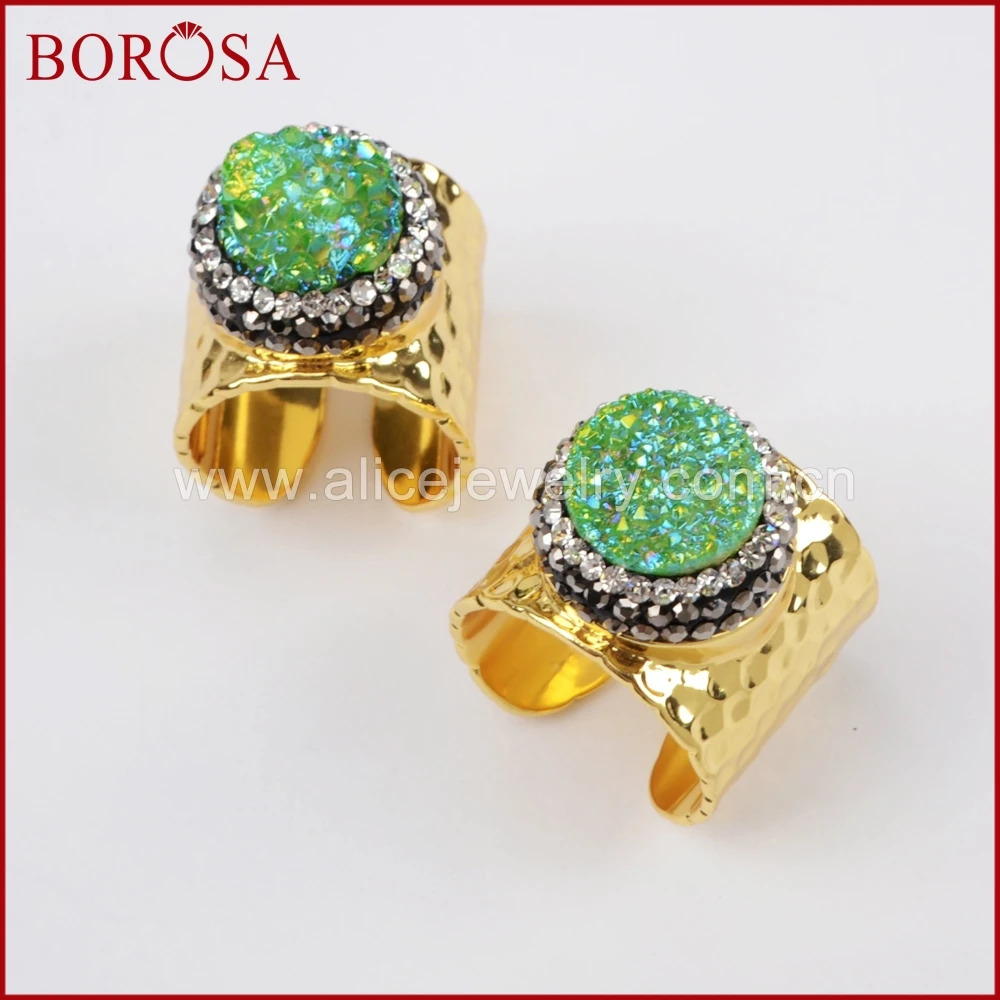 

BOROSA Round Rainbow Titanium Quartz Stone Gold Band Ring,High Quality Crystal Rhinestone Pave Drusy Geode Stone Ring JAB756