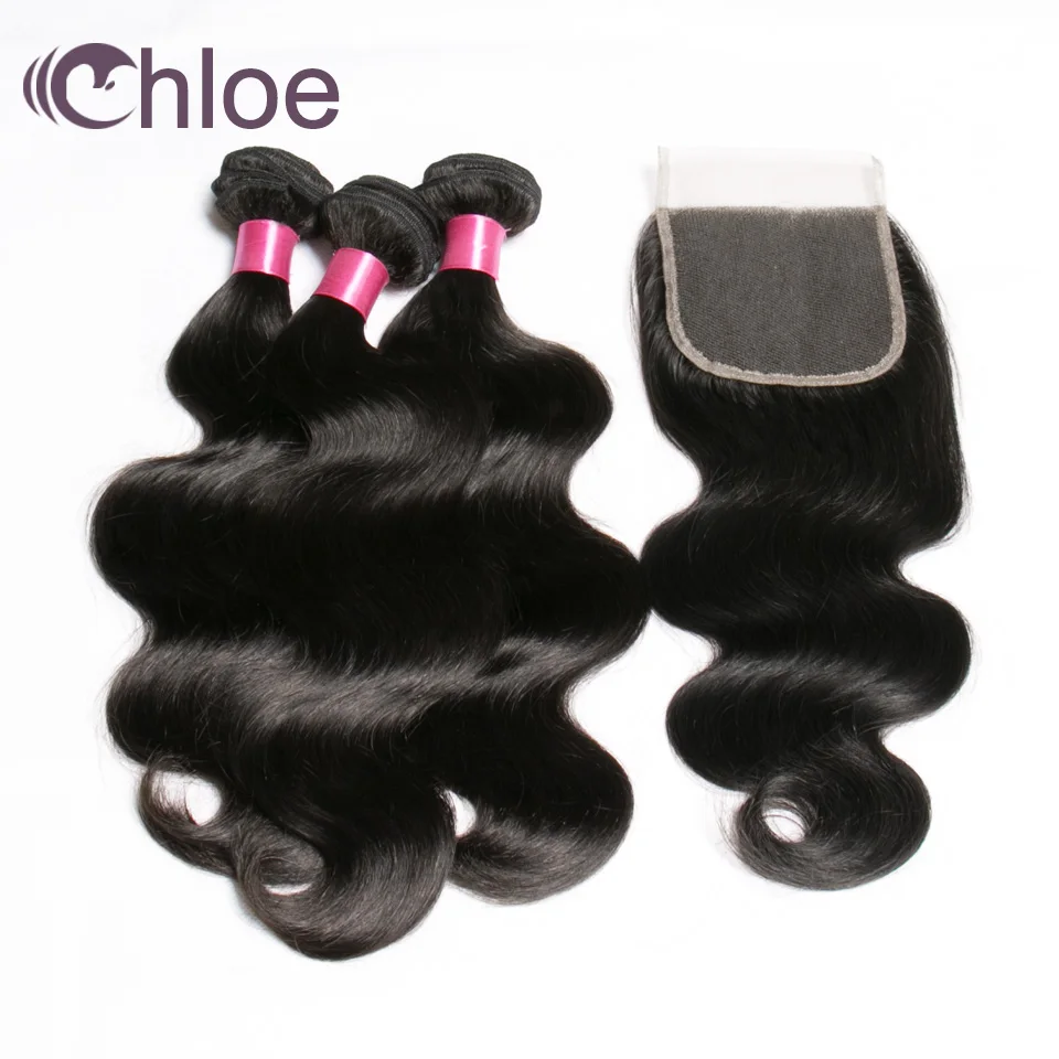 Chloe Hair Brazilian Remy Hair 3 Bundles Body Wave Human Bundles With Closure 4*4 Natural Color Knots Bleached