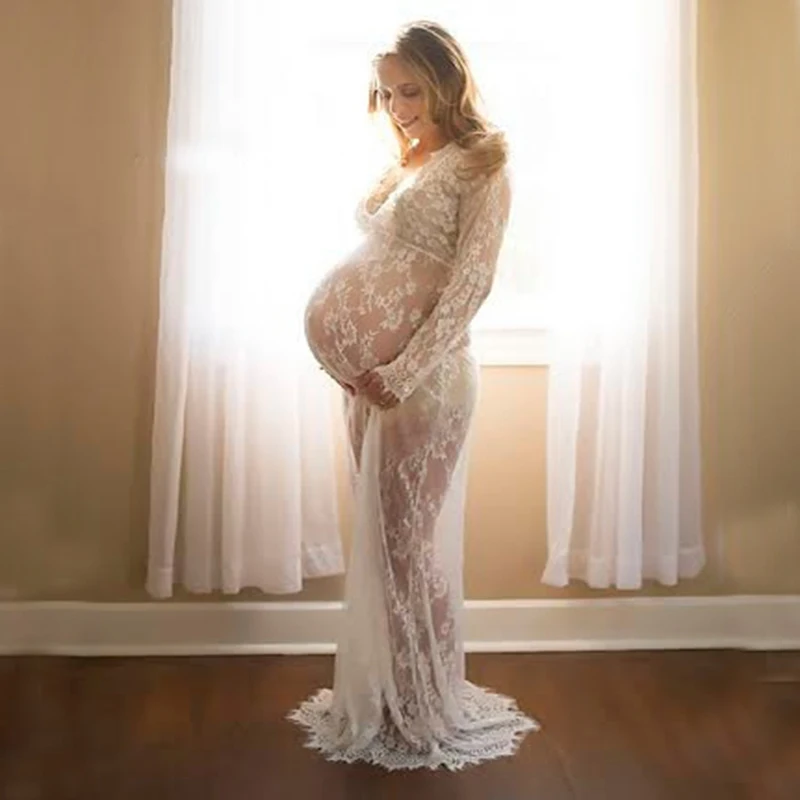 

Summer Pregnant Lace Dress Women Long Maxi Maternity Black&White Lace Dress Gown Photography Prop See Through Dress