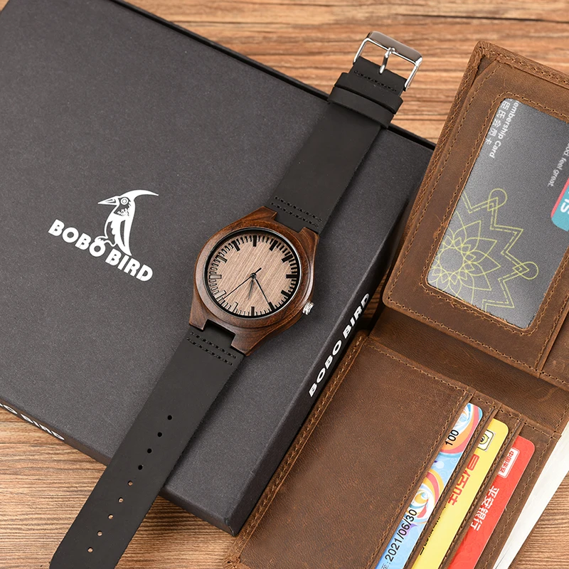 Personalized Bifold Wallet and Wooden Watches for Men Engraved Family Gift for Son Dad