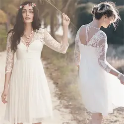 Vestidos de novia 2019 кружевное пляжное свадебное платье с v-образным вырезом и длинными рукавами 3/4 без бретелек свадебное платье длиной до колен