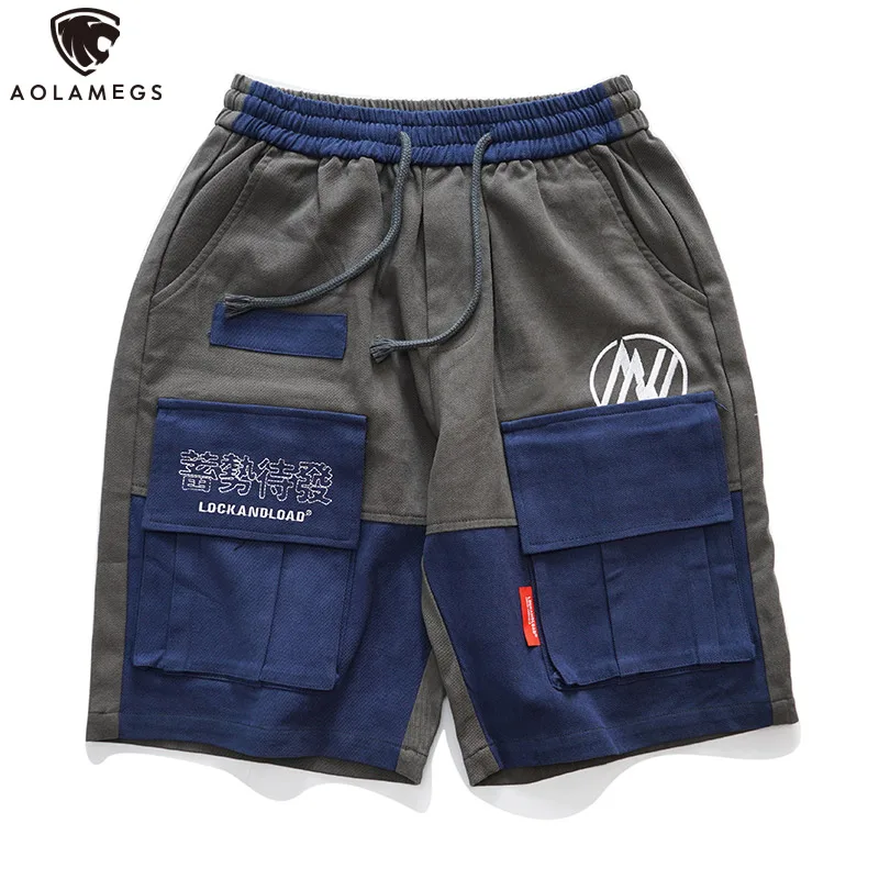 

Aolamegs Shorts Men Patchwork Pocket Shorts Funny Chinese Print Drawstring Elastic Waist Harajuku Fashion Hip Hop Cargo Shorts