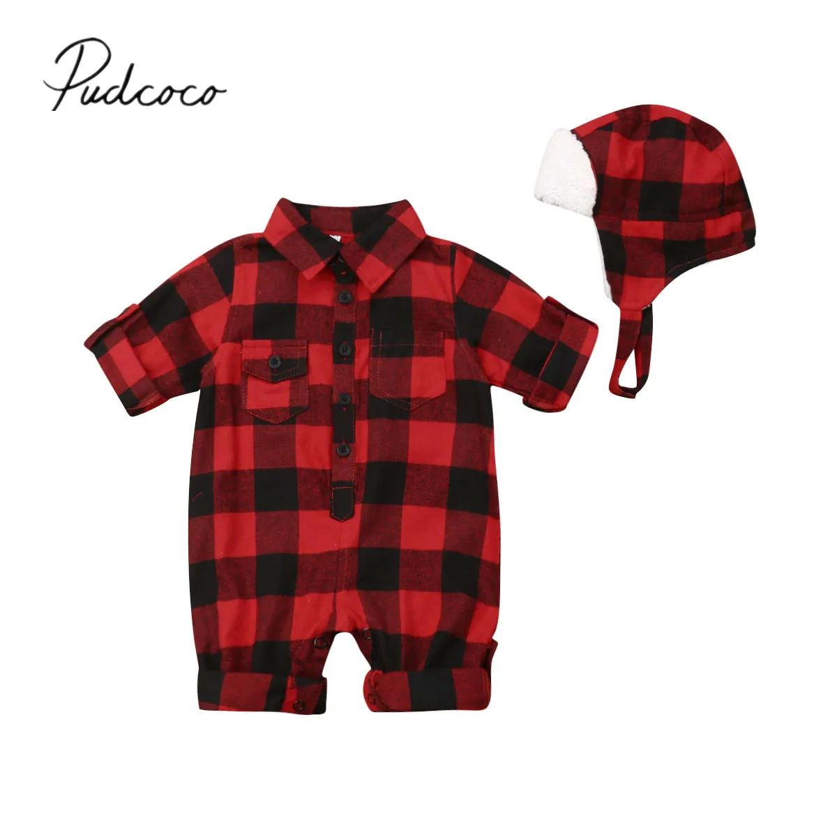 

2019 Baby Autumn Winter Clothing 0-3Y Xmas Newborn Infant Kids Baby Boys Girls Plaid Romper+Hats 2pcs Single Breasted Jumpsuits
