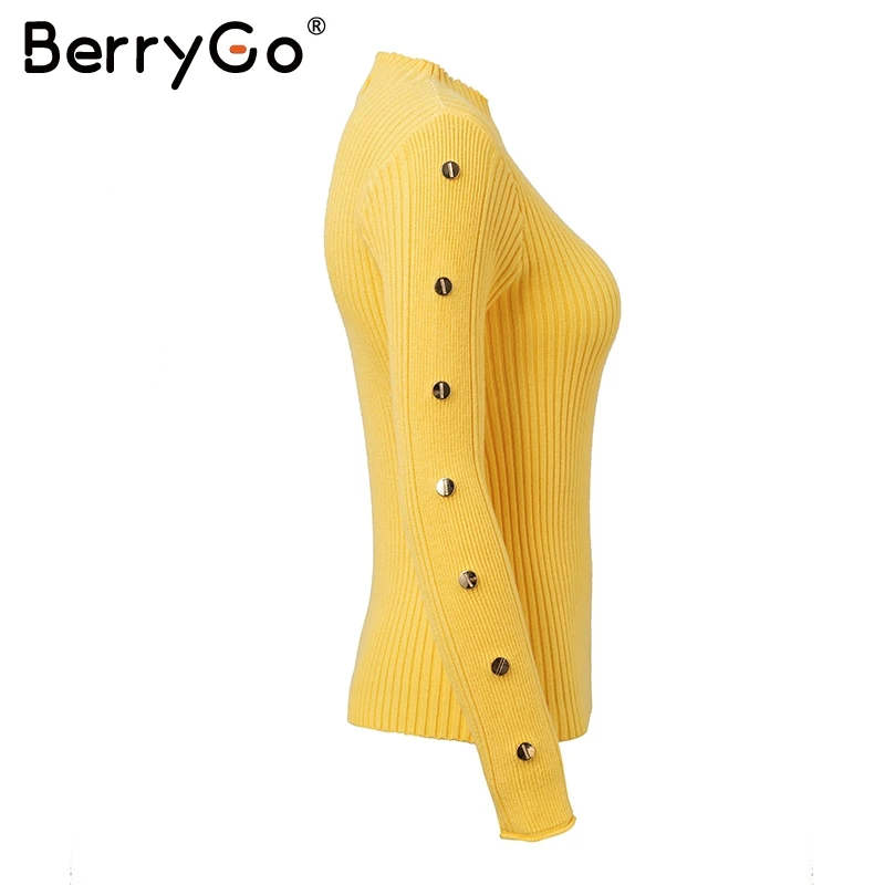 BerryGo Stand collar knitting women sweater winter Long sleeve rivet button knitted sweaters Female casual pullover white jumper