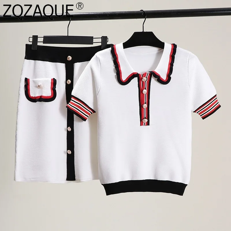 

2019 Summer Women's Suit Retro Half-length Skirt Doll Collar Matched Half-sleeve T-shirt for Women Sets New Fashion Tops+Skrits