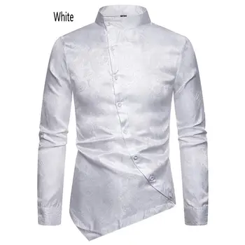 

MISSKY Men Shirt Solid Color Hipster Oblique Button Paisley Printing Irregular Multicolor Henry Neck Long Sleeve Dress Shirts