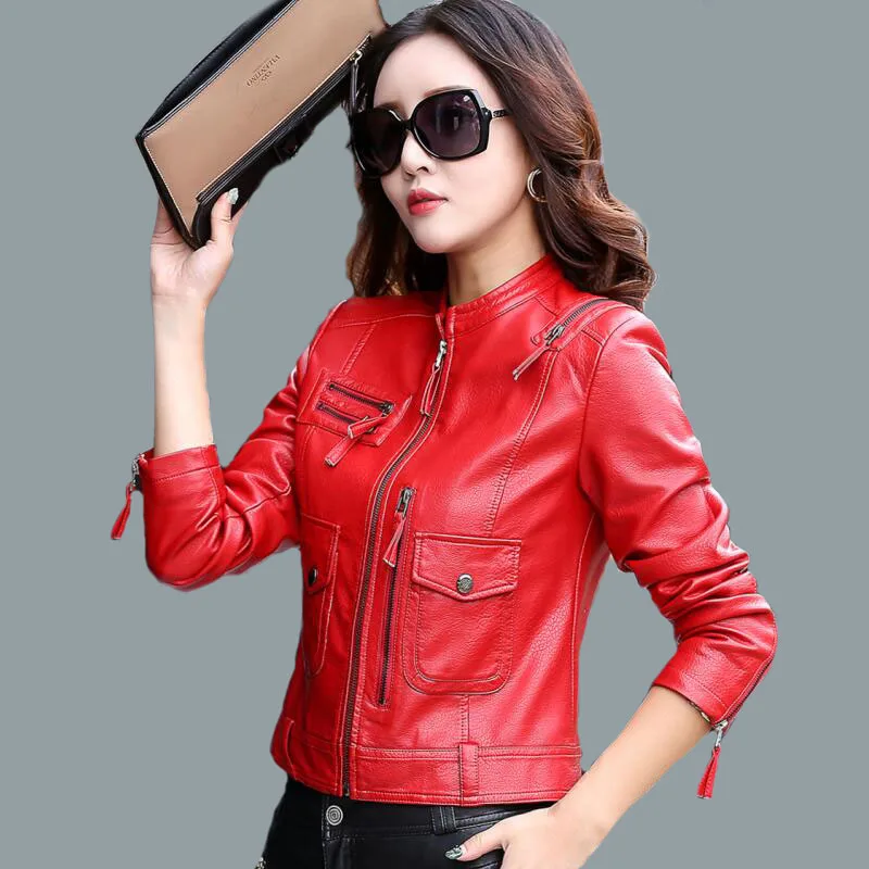 

Leather jacket women 3XL plus size coat red Fashion motorcycle jacket female outerwear woman coats leather slim lady clothing