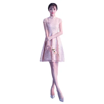 

Bride Lace Cheongsam Fashion Women Chinese Evening Dress Short Qipao Wedding Bridesmaid Girls Princess Traditional Dresses China