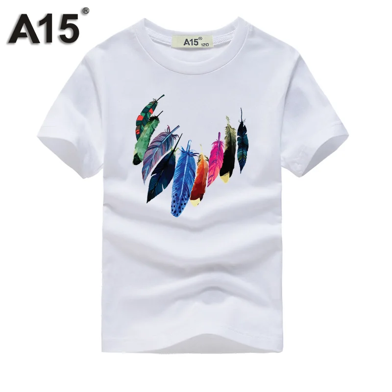 A15 детская одежда для маленьких мальчиков футболки летние принтом «перья» повседневные футболки для девочек футболка хлопок, большой размер на возраст 6, 8, 10, 12 лет до 14 лет - Цвет: T0070White