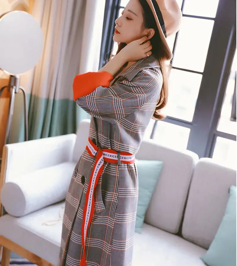 Клетчатая ветровка Женская длинная Корейская контрастная цветная с длинным рукавом винтажная верхняя одежда с отложным воротником женский плащ