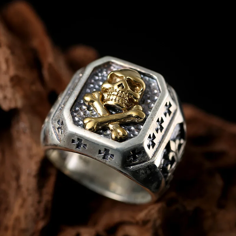 S925 Thai silver skull ring cross punk individuality restoring ancient ways men index finger ring