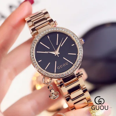 Relogios новый бренд GUOU Для женщин Роскошные розовое золото полный Сталь кварцевые часы модные уличные спортивные часы Лидер продаж Zegarki