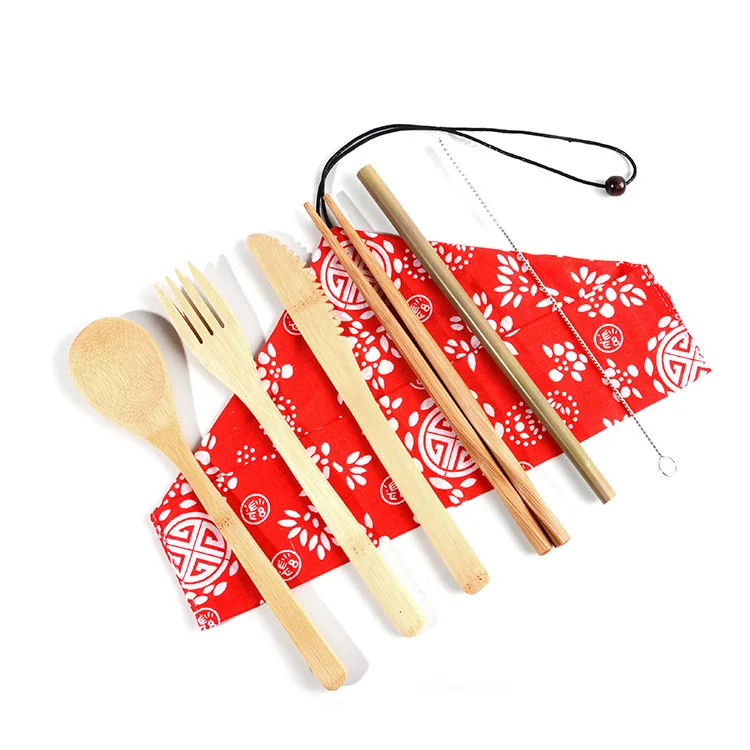 

Bamboo Tableware Flatwares Set Portable Wooden Fork and Spoon Chopsticks Knife Reusable Straw Wooden Cutlery Set with Straw Bag