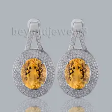 Ювелирные украшения, твердые серьги из белого золота 14 к, цитрин, бриллиант, овальные серьги 9x11 мм, желтые цитриновые серьги ER008