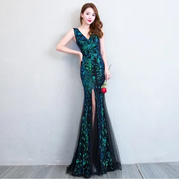 

Robe De Soiree New Sequins V Neck Formal Party Dress Floor-Length Long Mermaid Evening Dresses Prom Gowns Vestidos De Festa