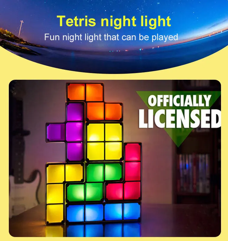Lâmpada de Mesa Torre do Bebê Luz da Noite Cores Faça Você Mesmo Tetris Quebra-cabeça Luz Empilhável Led Bloco Constructible Retro Jogo Colorido Tijolo Brinquedo 7 9 7 cores diy tetris quebra cabeça luz