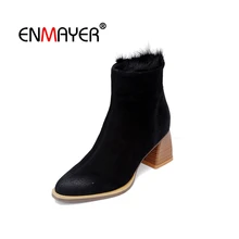 ENMAYER Women Ankle Boots Natural Leather Stretch Ankle Boots Women Pointed toe Shoes Woman Thick Med Heel Fur Cow Suede CR1966 ENMAYER Women Ankle Boots Natural Leather Stretch Ankle Boots Women Pointed toe Shoes Woman Thick Med Heel Fur Cow Suede CR1966