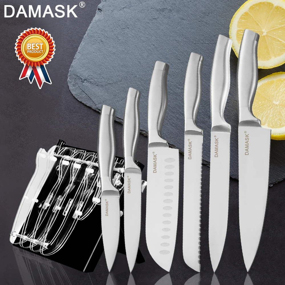 

Damask Knife Stand Holder With 3Cr13Mov Stainless Steel Knives Set Chef Kitchen Knife Multi-functional Kitchen Cooking Tools Set
