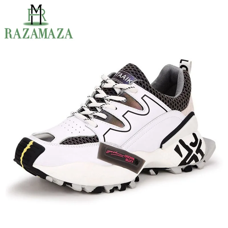 

RAZAMAZA Tide Brand Dad Shoes Women 2019 Spring New Platform Sneakers Shoes Real Leather Increased Casual Shoes Size 35-40