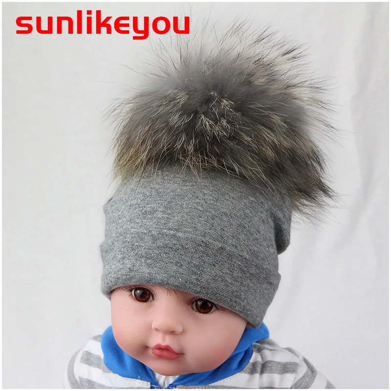 Sunlikeyou Newborn Hats Boy Girl Real Raccoon Fur Pompom Warm  Baby Beanie Bonnet Cotton Soft Cap Kids Toddler Hat