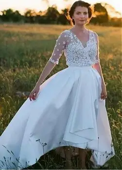 

Hi Low Vestido De Noiva Wedding Dresses A line Deep V neck Flowers Beaded Beach Boho Dubai Arabic Wedding Gown Bridal-in We